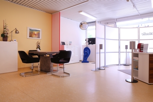 Modernes Büro mit Besprechungstisch, Stühlen, Empfangstresen und heller Raumteilung.